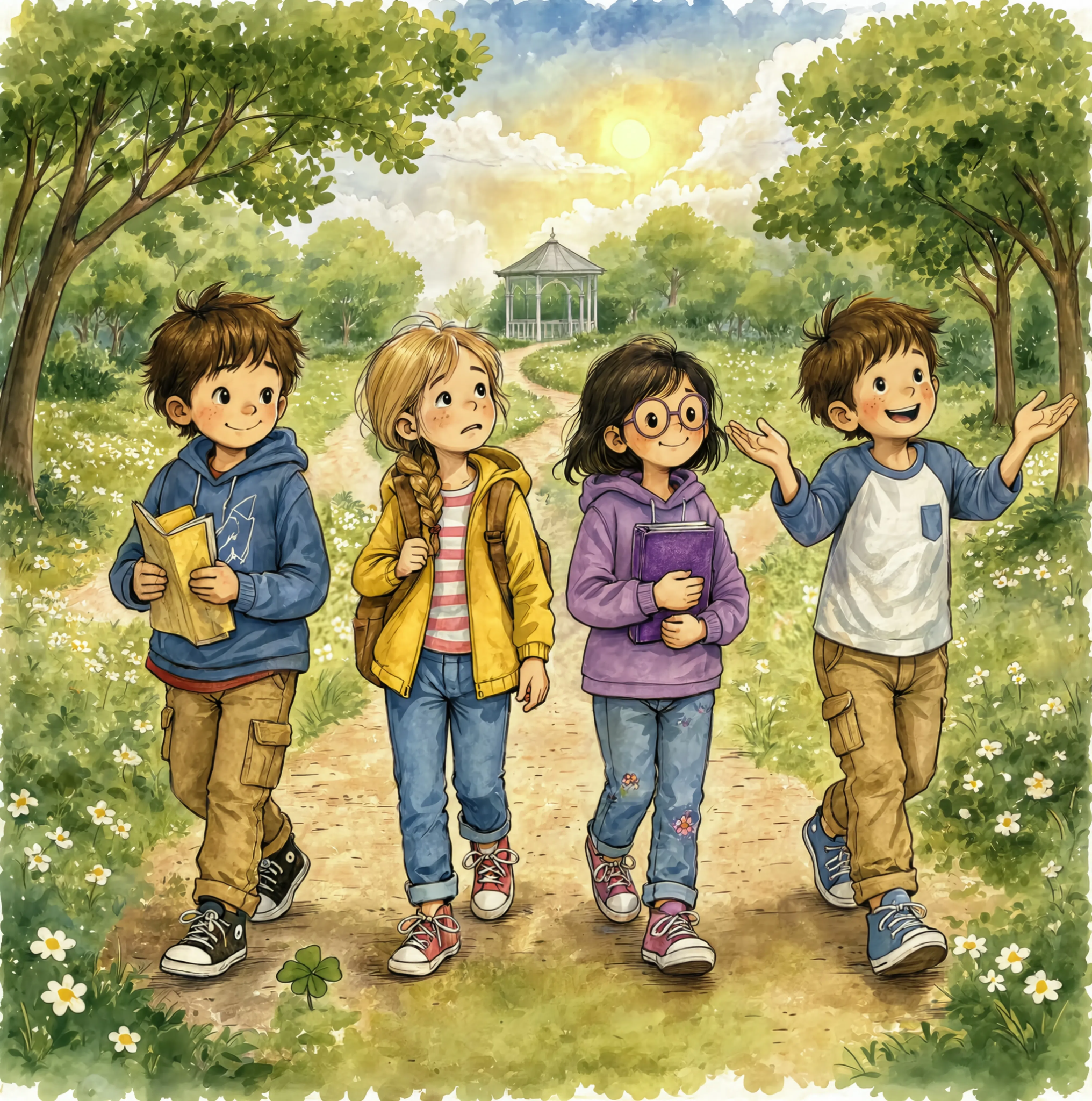 Friends from The Kids on Clover Lane walking together through Clover Park